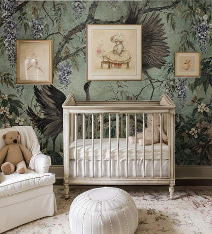 Close crop over a bed showing the airborne crane, layered leaves and dusty lavender wisteria clusters.