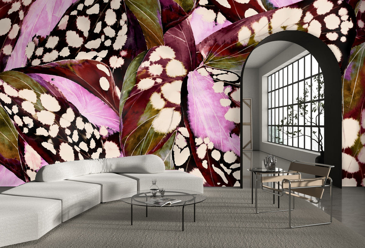 Close-up of Begonia Nocturne wallpaper showing layered begonia leaves with cream spotted markings and magenta washes
