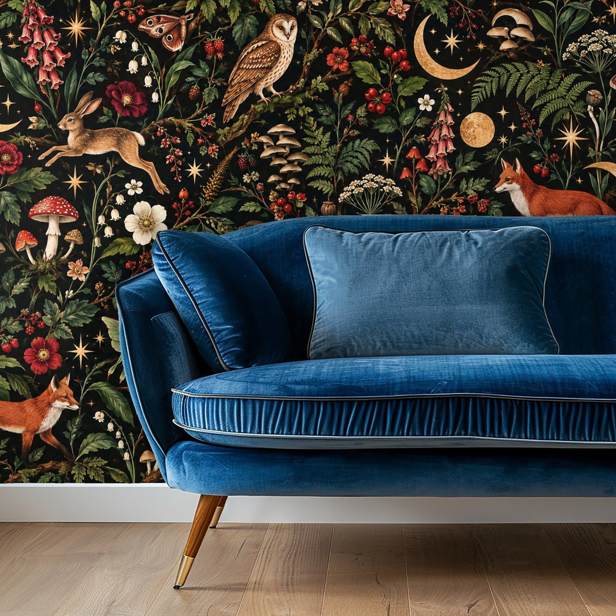 Living room vignette with a blue velvet sofa installed against the Lunar Thicket wallpaper feature wall.