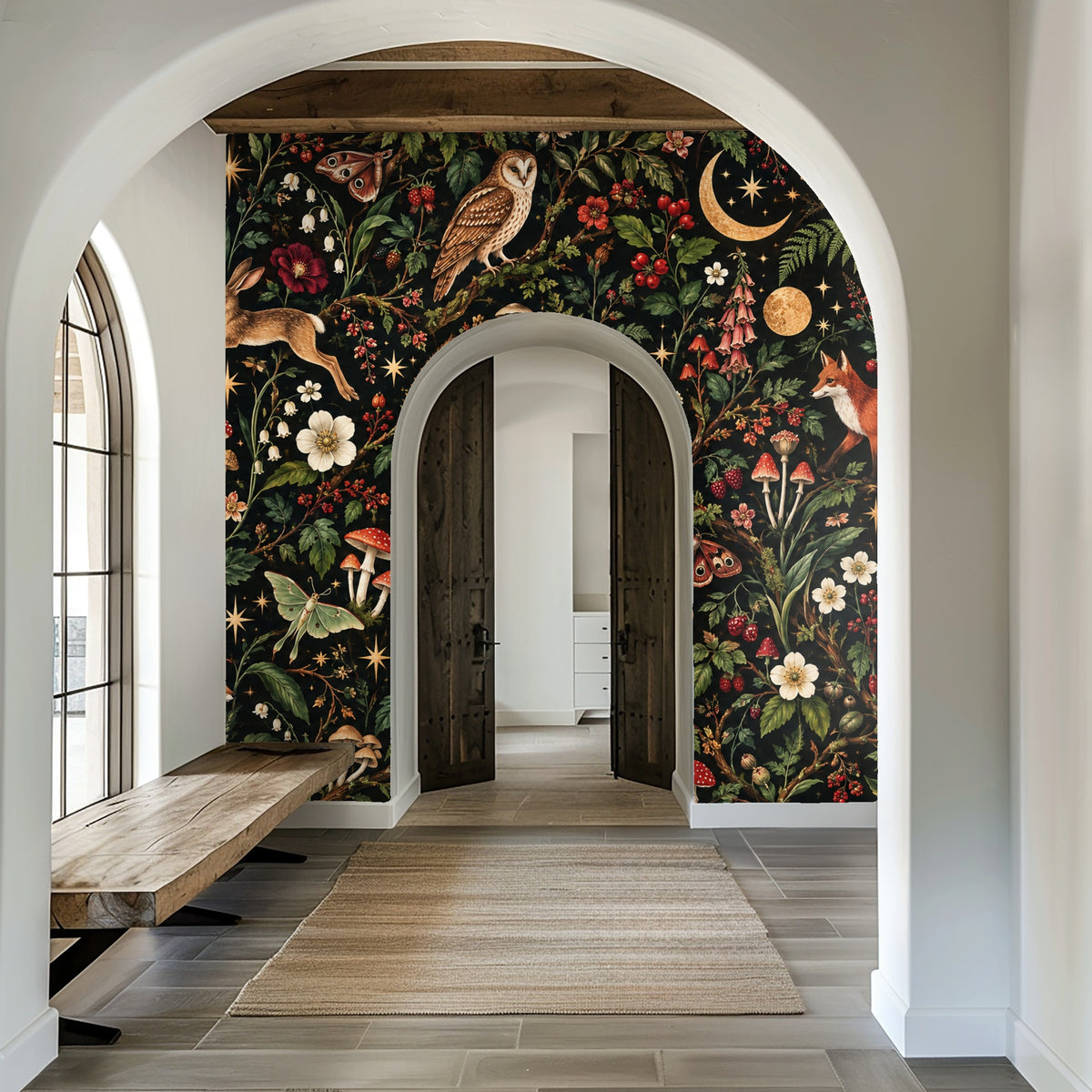 Entryway installation with the pattern covering a tall arched wall, giving a dramatic focal point at the home’s entry.