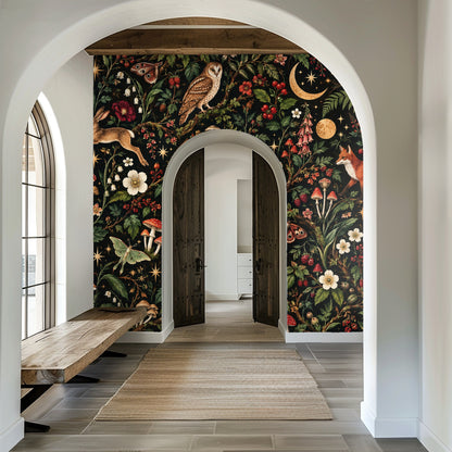 Entryway installation with the pattern covering a tall arched wall, giving a dramatic focal point at the home’s entry.