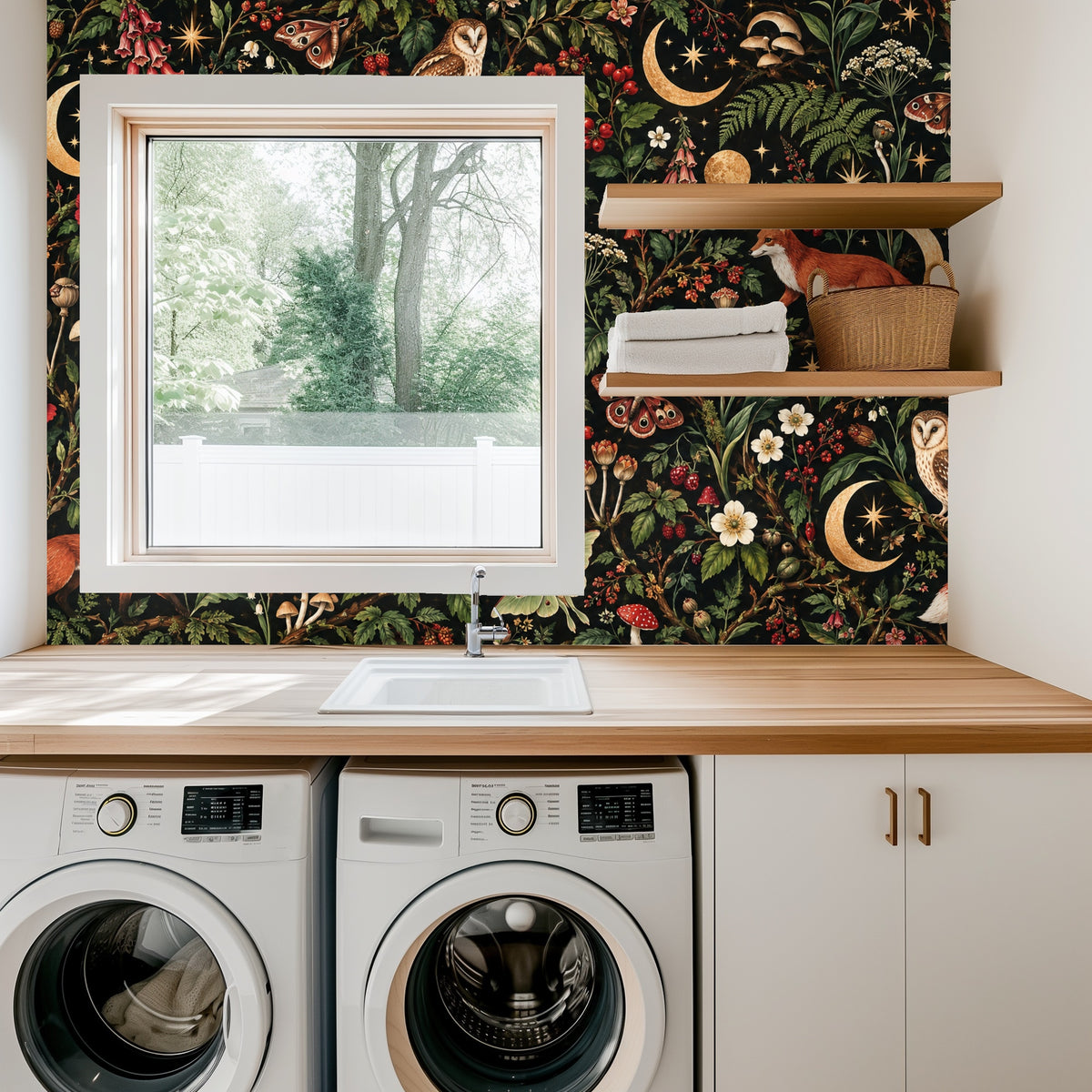 Laundry room example showing the wallpaper behind a countertop, shelf and front-loading washer and dryer.
