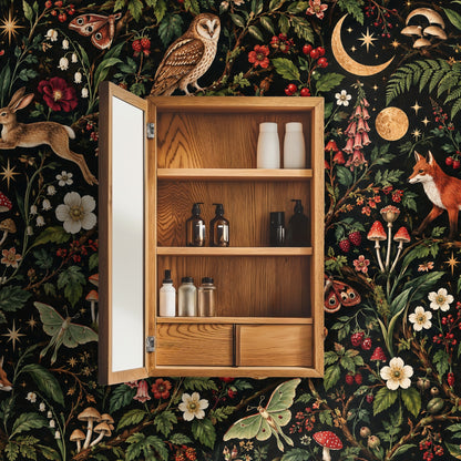Close-up crop of the pattern highlighting a fox, a cluster of toadstools and gold celestial motifs.
