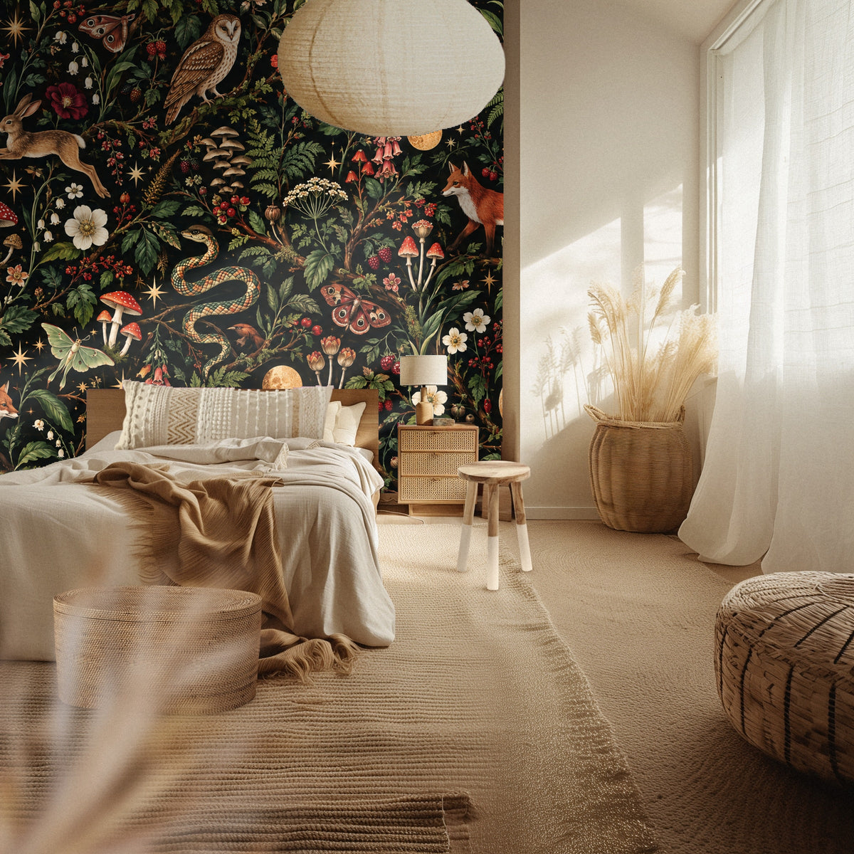 Bedroom scene with the wallpaper as a headboard wall; warm natural textiles contrast the dark botanical print.