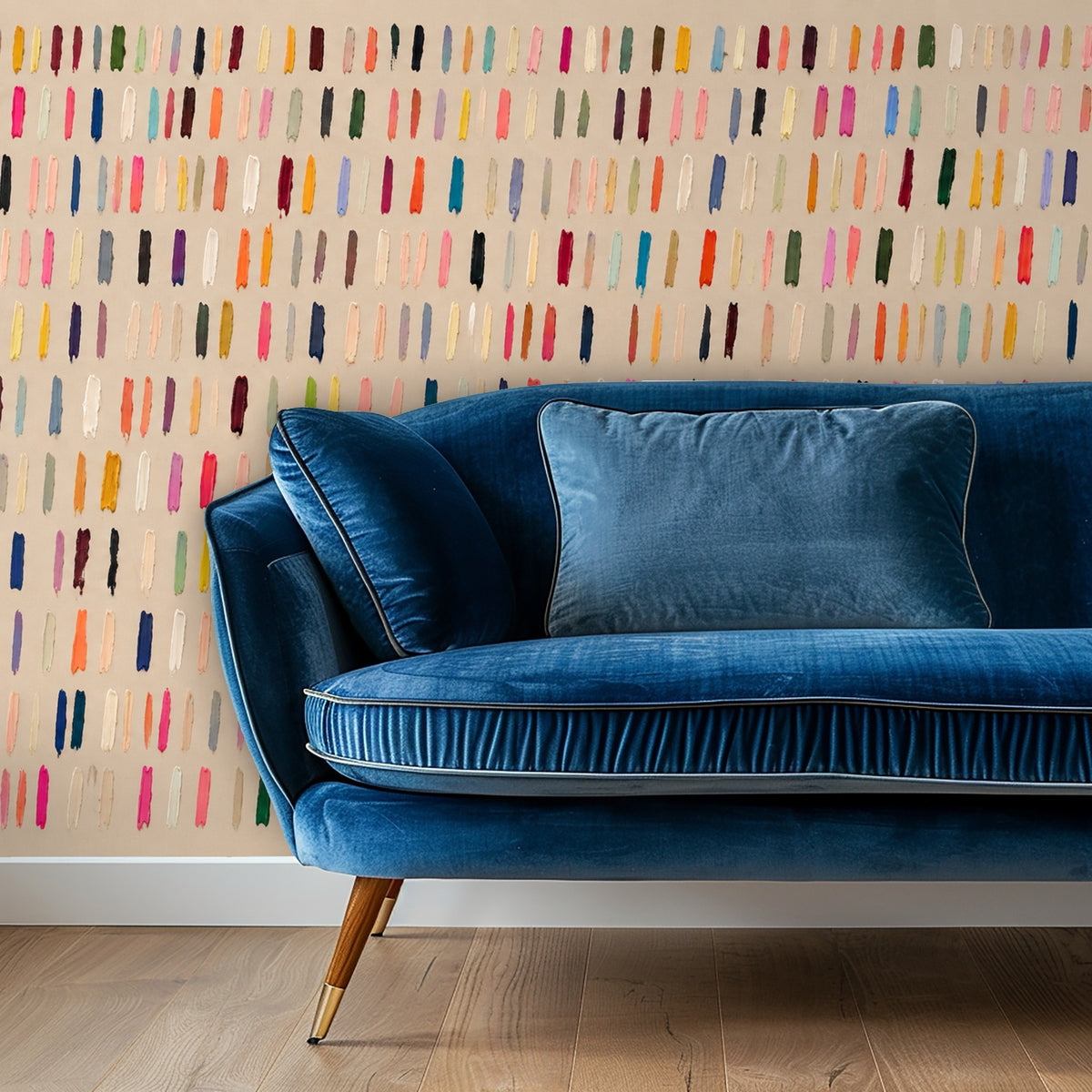 Bedroom detail: peach velvet headboard framed by the colorful brushstroke wallpaper on a beige ground