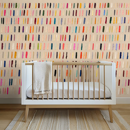 Hallway entry with arched opening and the colorful brushstroke pattern creating a bold focal wall