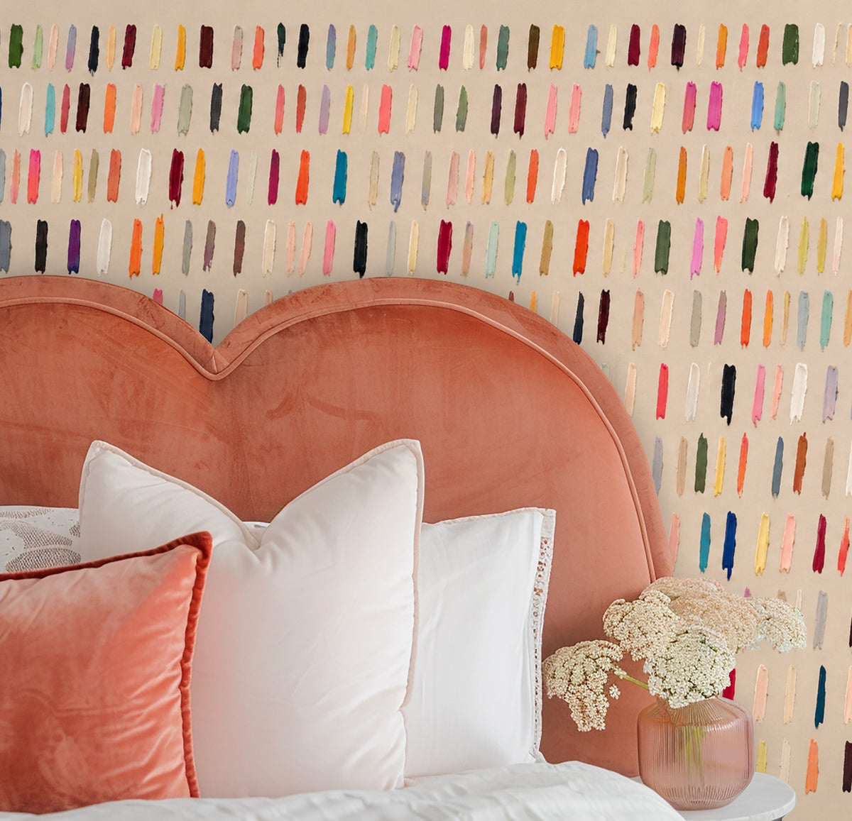Full artwork: rows of short painted brushstrokes in many colors on a warm beige background, repeating across the field