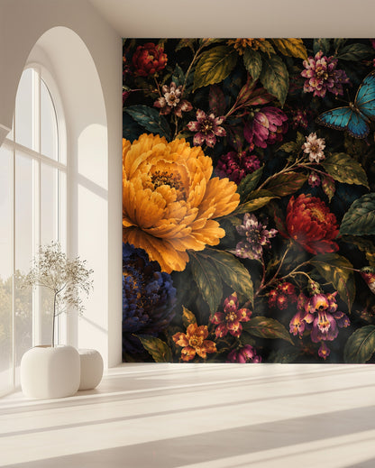 Leaning floor mirror reflecting the floral pattern and a hovering hummingbird motif in the wallpaper
