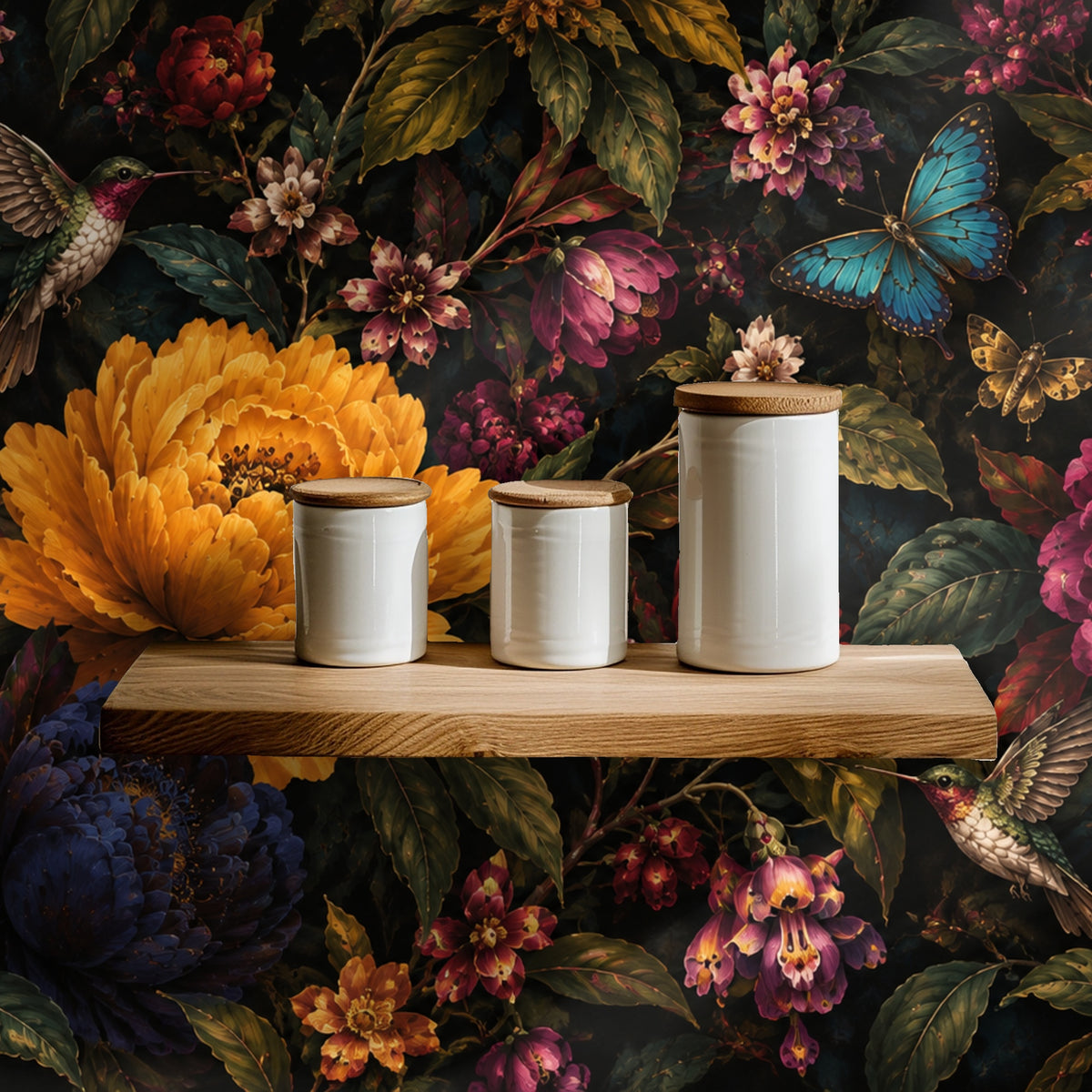 Sunlit arched alcove with a panel of the wallpaper and two ceramic planters, showing contrast between bright light and dark field