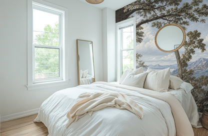 Living room installation: Belvedere Vista mural behind an orange sofa creating a cinematic focal wall