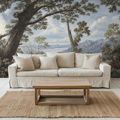 Styling shot: ladder with a woven throw leaning against the mural showing scale and texture
