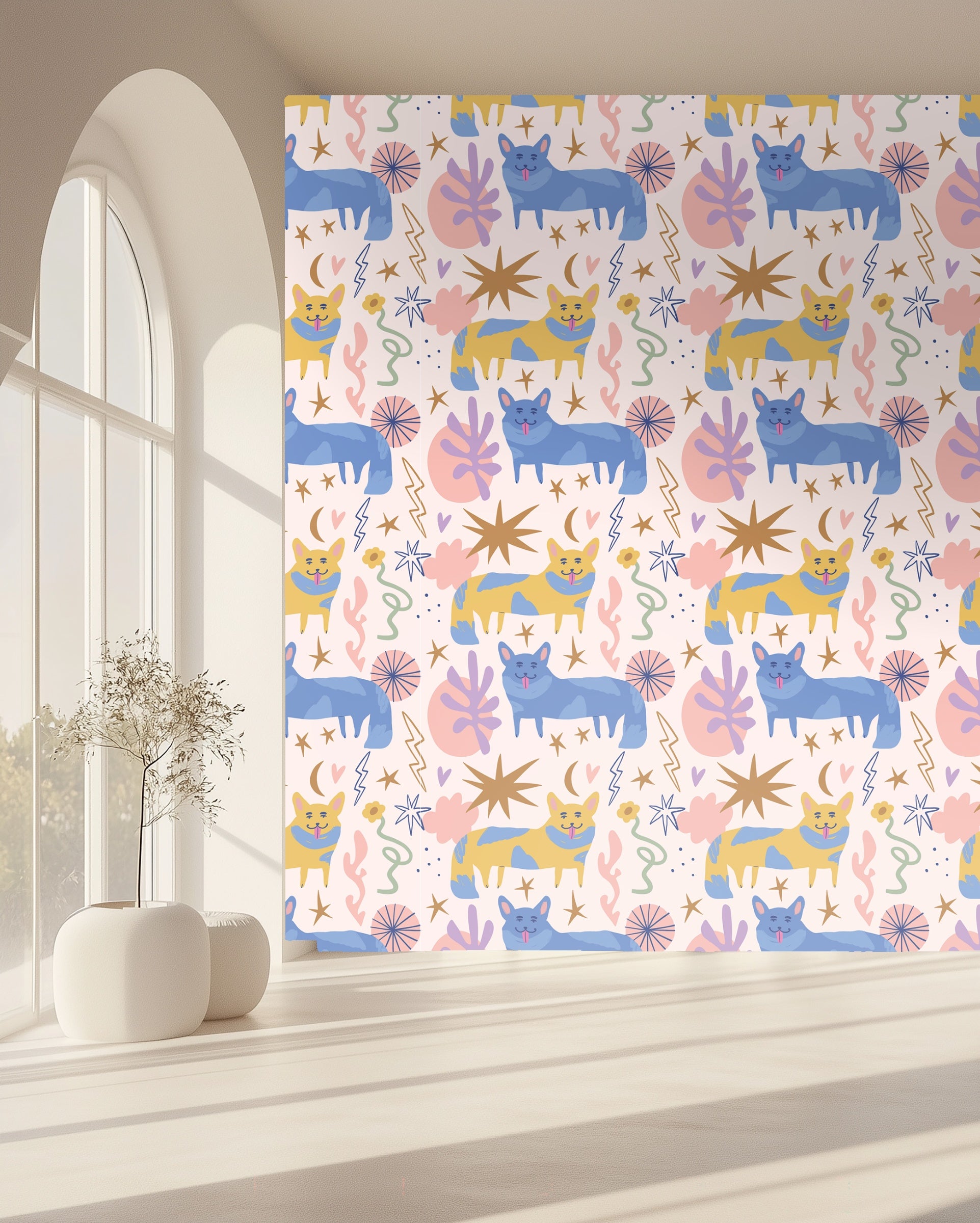 High-resolution swatch close-up focusing on two adjacent cat motifs and surrounding starbursts and leaves.