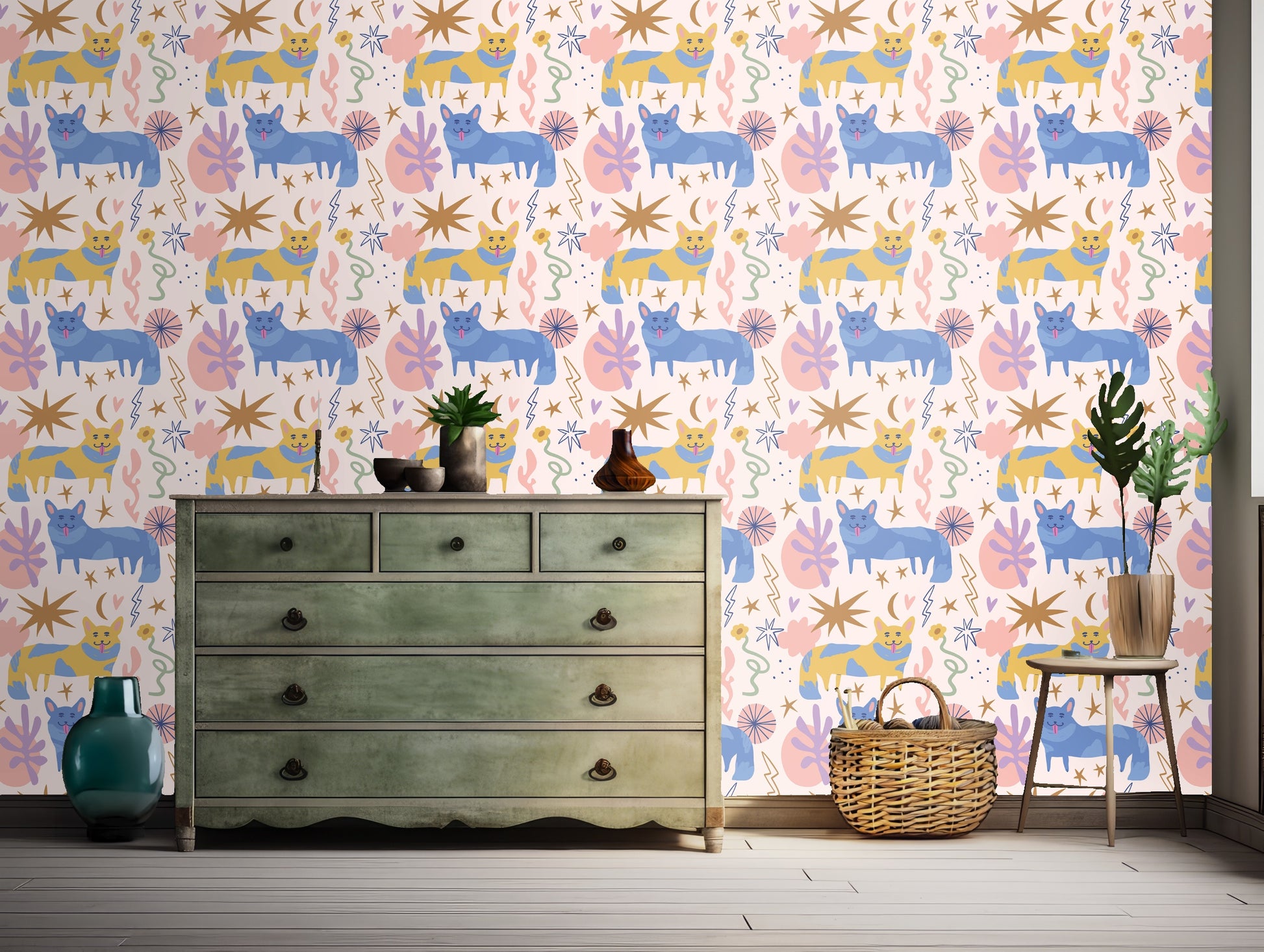 Full repeat pattern showing blue and mustard cat silhouettes with stars and botanical shapes on a pale pink field.