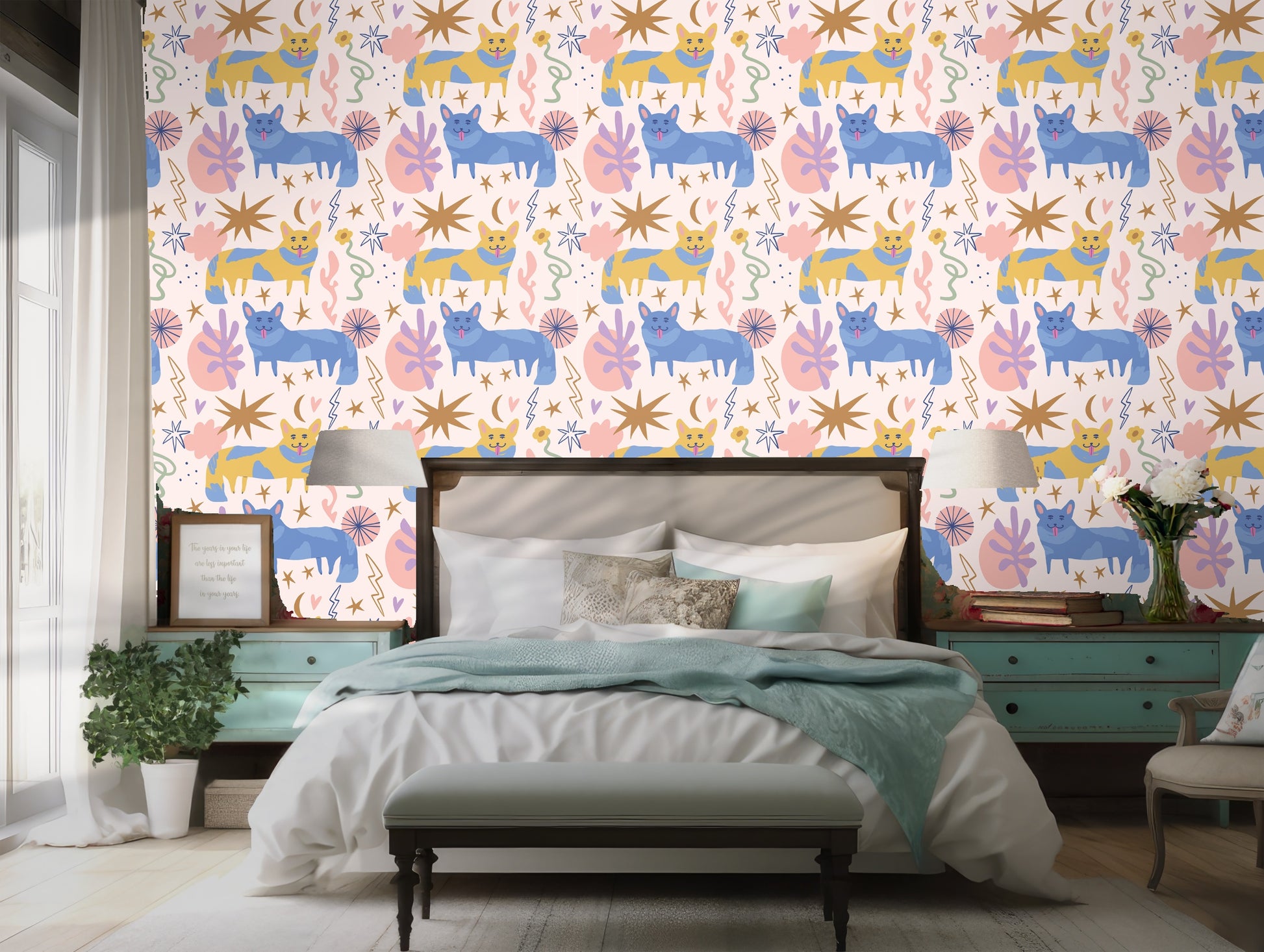 Room-scale view with arched windows and the wallpaper as a calm yet playful focal wall.