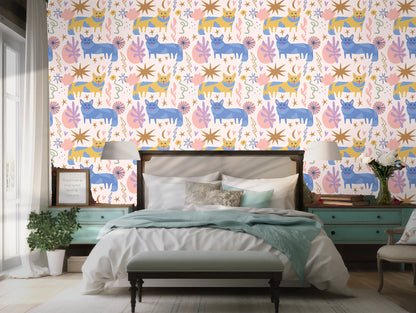 Room-scale view with arched windows and the wallpaper as a calm yet playful focal wall.
