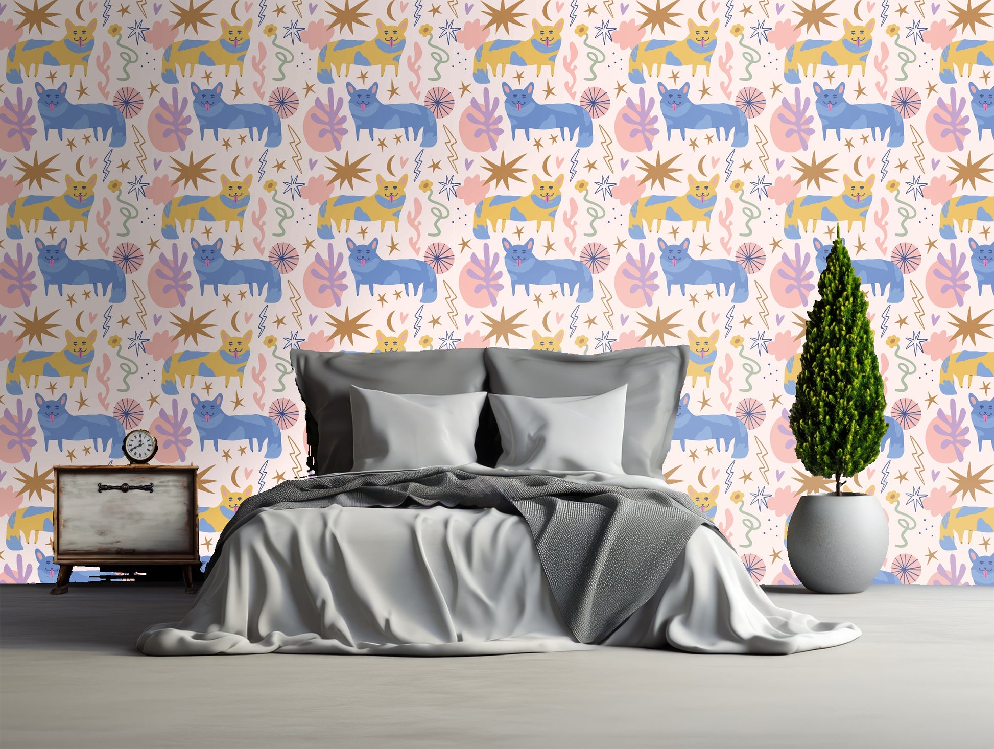Detail shot of a single cat motif and nearby decorative elements showing brushy texture and color variation.