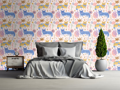Detail shot of a single cat motif and nearby decorative elements showing brushy texture and color variation.