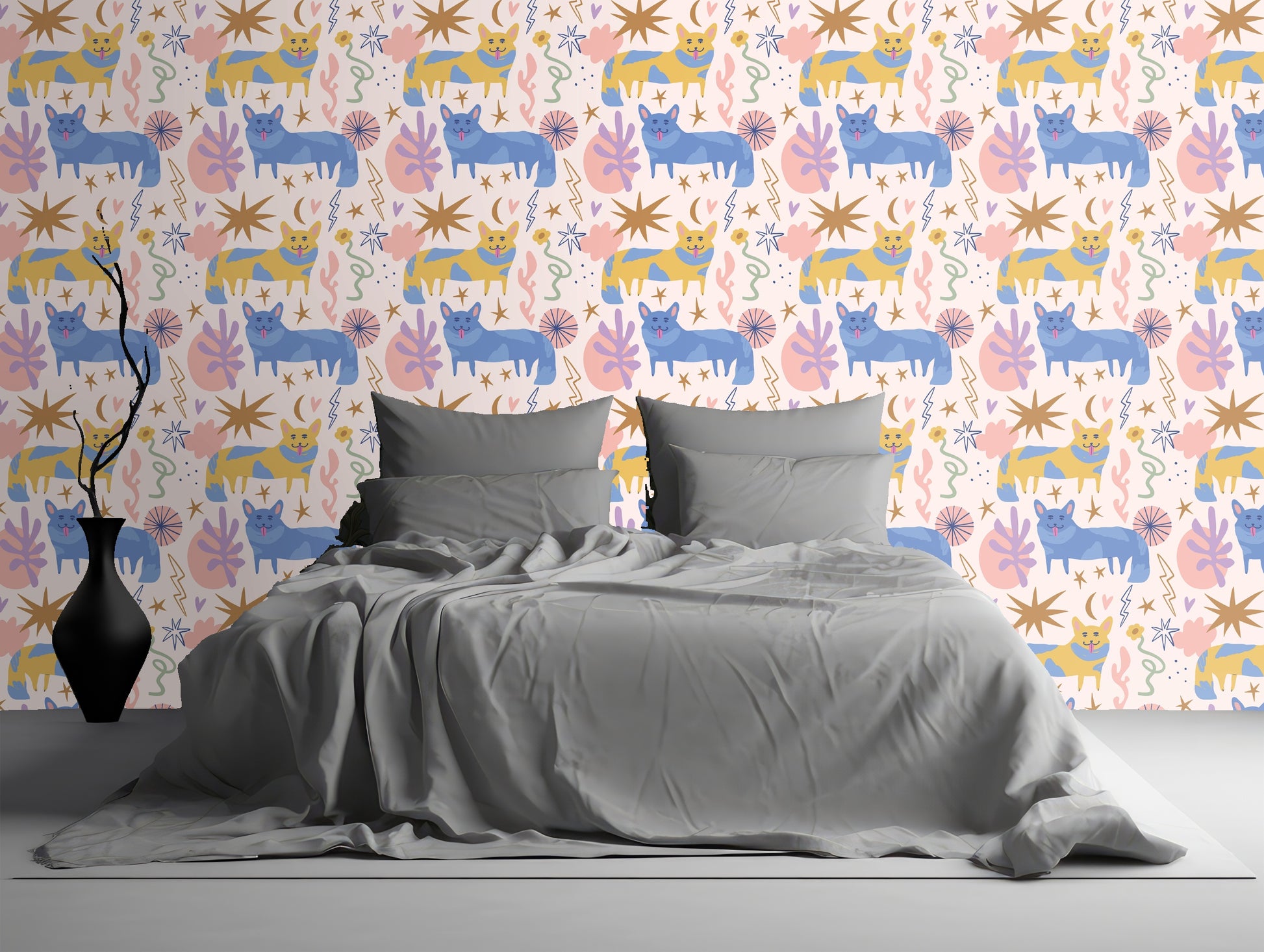 Modern spa-like entry mockup with the wallpaper on the far wall, illustrating how the pattern reads from a distance.