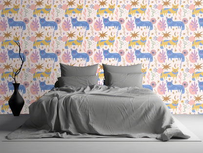Modern spa-like entry mockup with the wallpaper on the far wall, illustrating how the pattern reads from a distance.