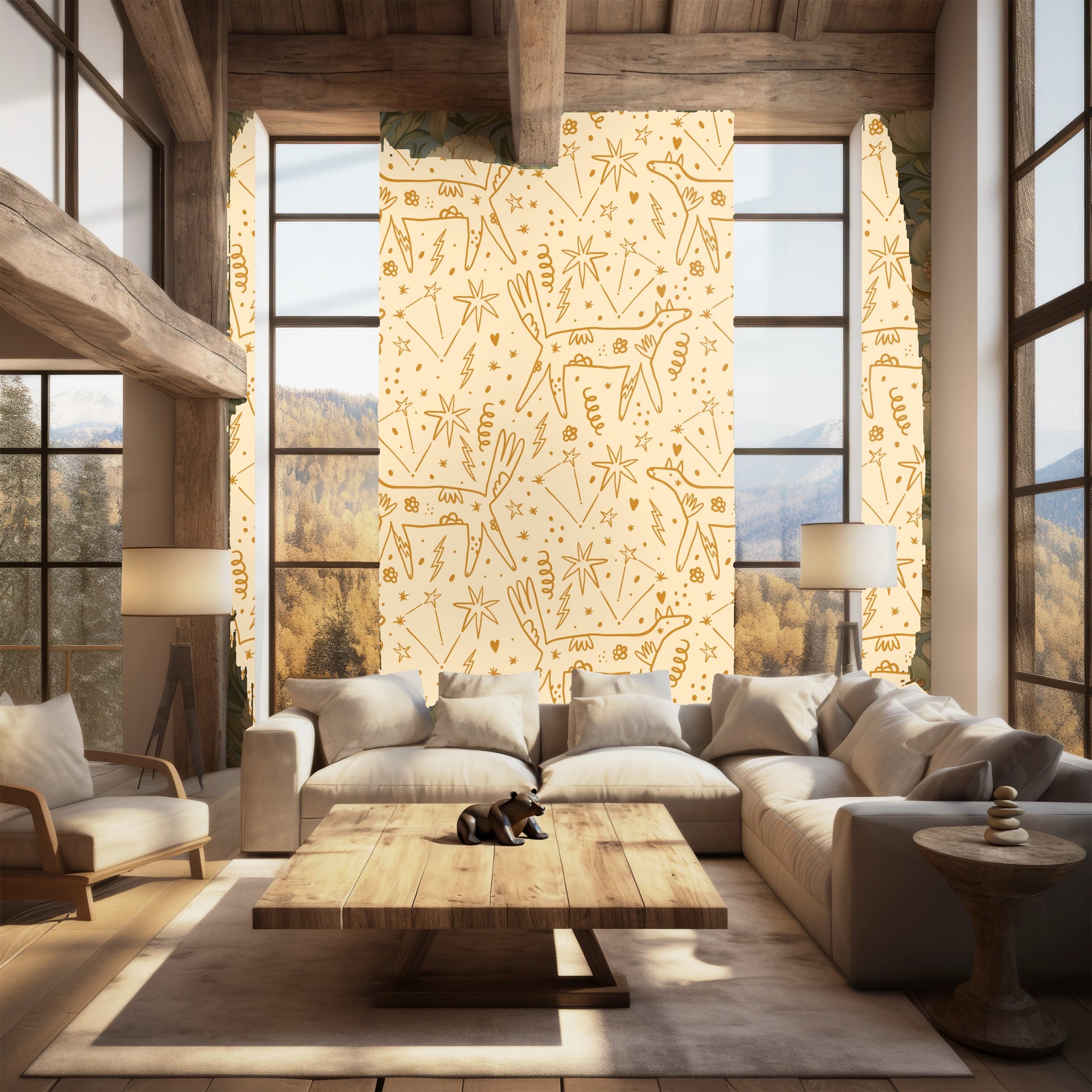 Pattern tile mockup showing multiple motifs lined in ochre against cream with scattered stars