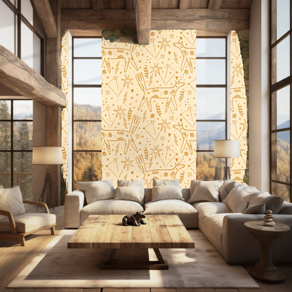 Pattern tile mockup showing multiple motifs lined in ochre against cream with scattered stars