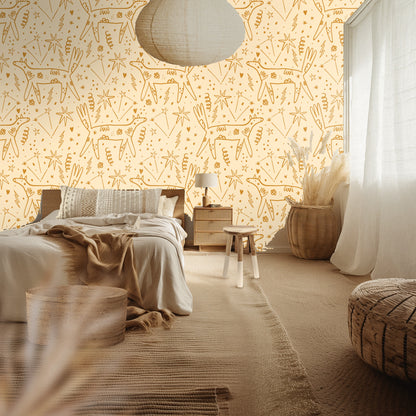Close-up repeat of hand-drawn winged creatures and stars in warm ochre on a soft cream background