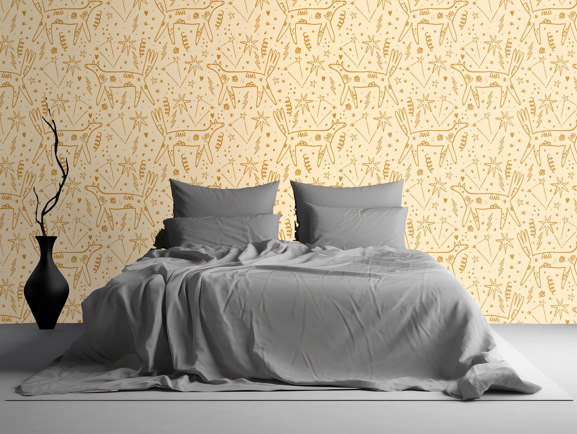 Boho bedroom with Auric Wander wallpaper behind a low wooden bed, woven pendant and natural textiles