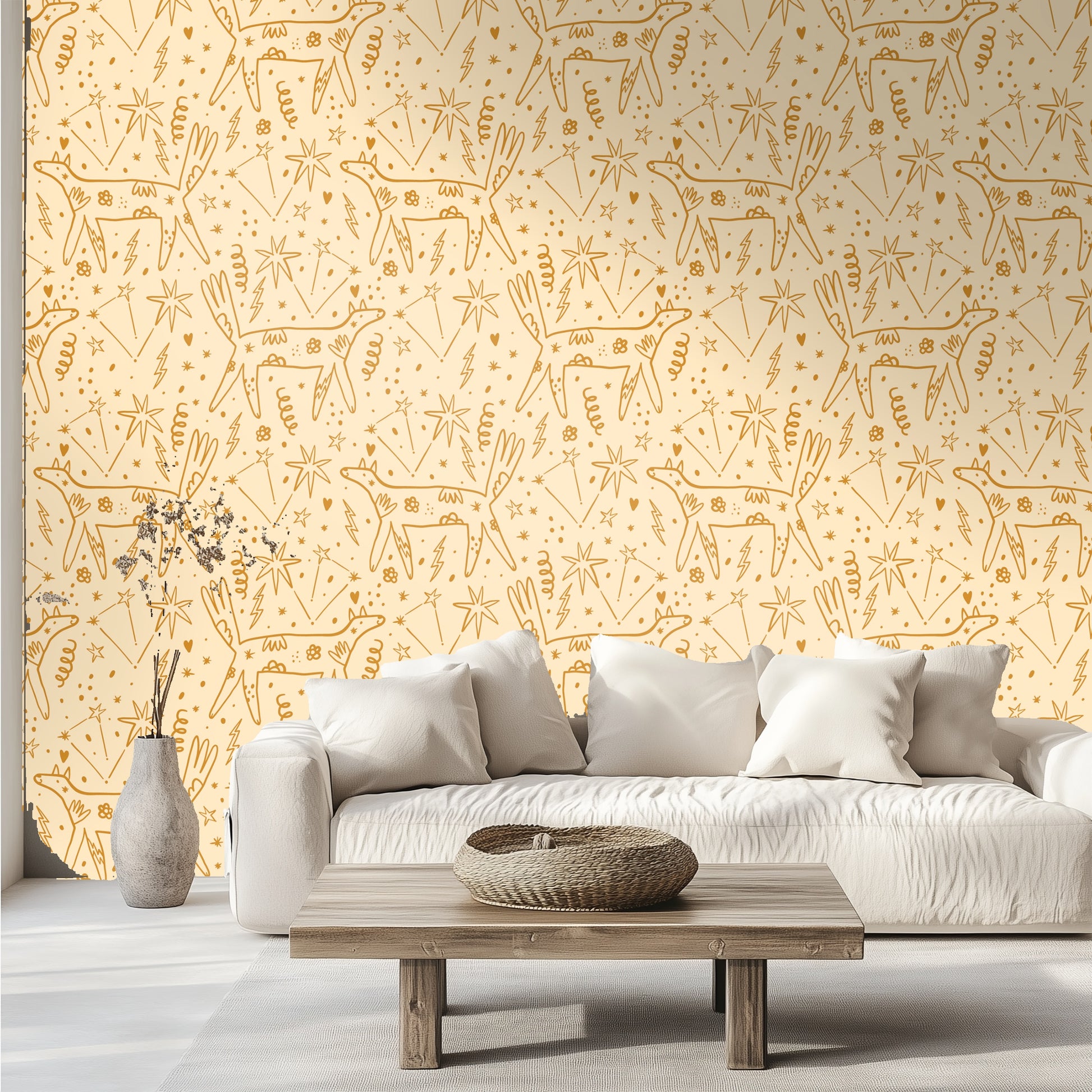 Minimal grey-toned bedroom showing Auric Wander wallpaper as a statement wall behind a simple bed