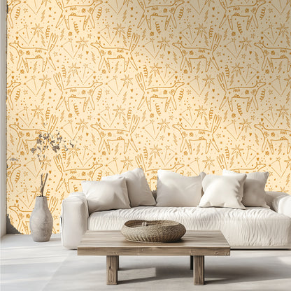 Minimal grey-toned bedroom showing Auric Wander wallpaper as a statement wall behind a simple bed