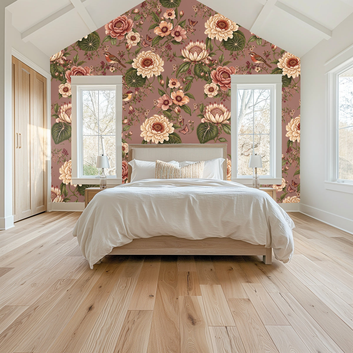 Close-up of the Rosewood Aviary pattern showing large cream and terracotta blooms, olive leaves and small butterflies on a dusty rose field.