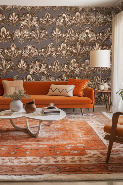 Marbled Echelon wallpaper close-up showing taupe background with creamy, brown, and pink feather-like motifs.