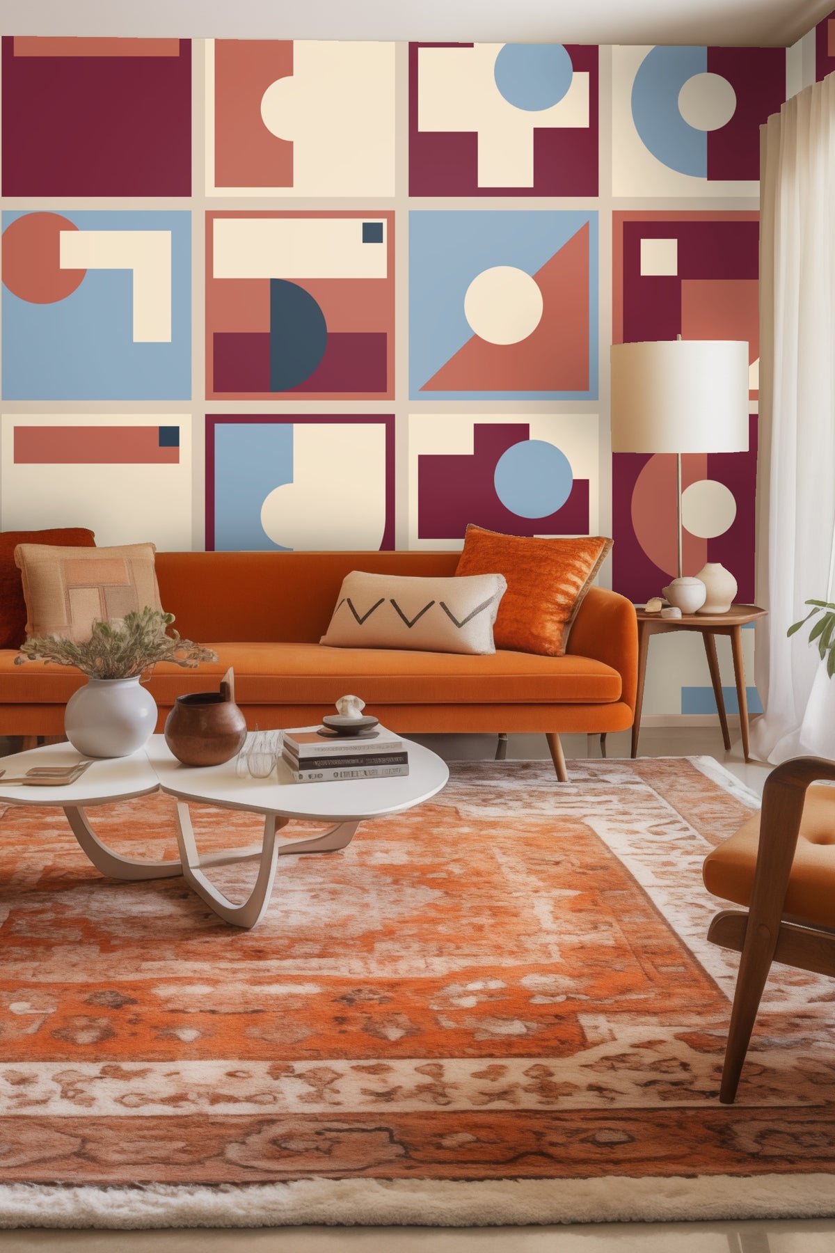 Living room with orange sofa and vibrant geometric wallpaper featuring large-scale blocks and circles in burgundy and blue tones.