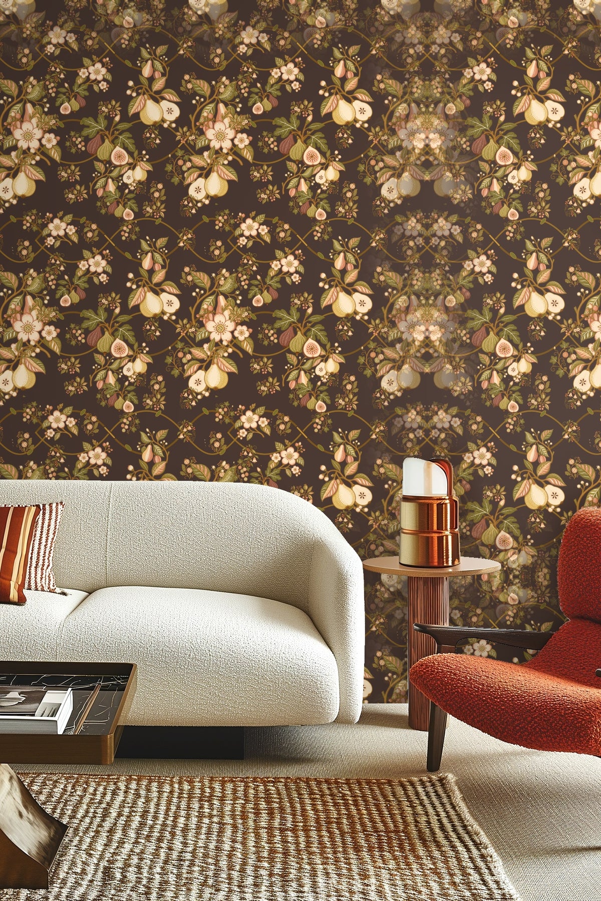 Dining room wall featuring Veridian Orchard wallpaper with classic molding and elegant lighting