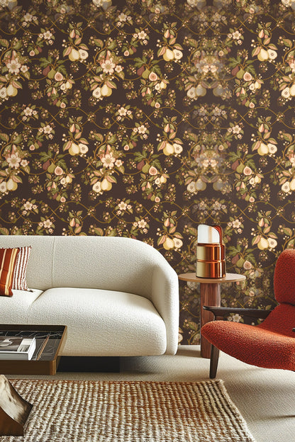 Dining room wall featuring Veridian Orchard wallpaper with classic molding and elegant lighting