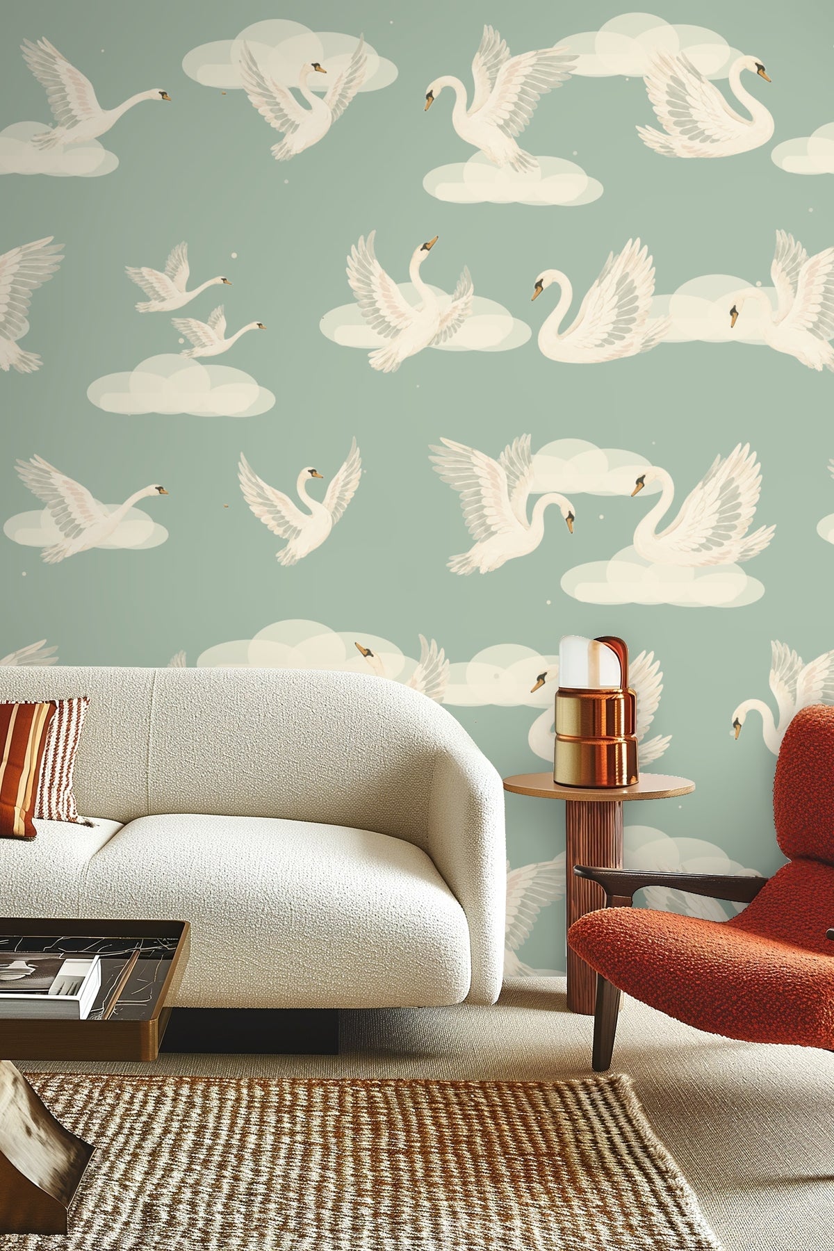 Muted sage green backdrop with creamy swans pattern