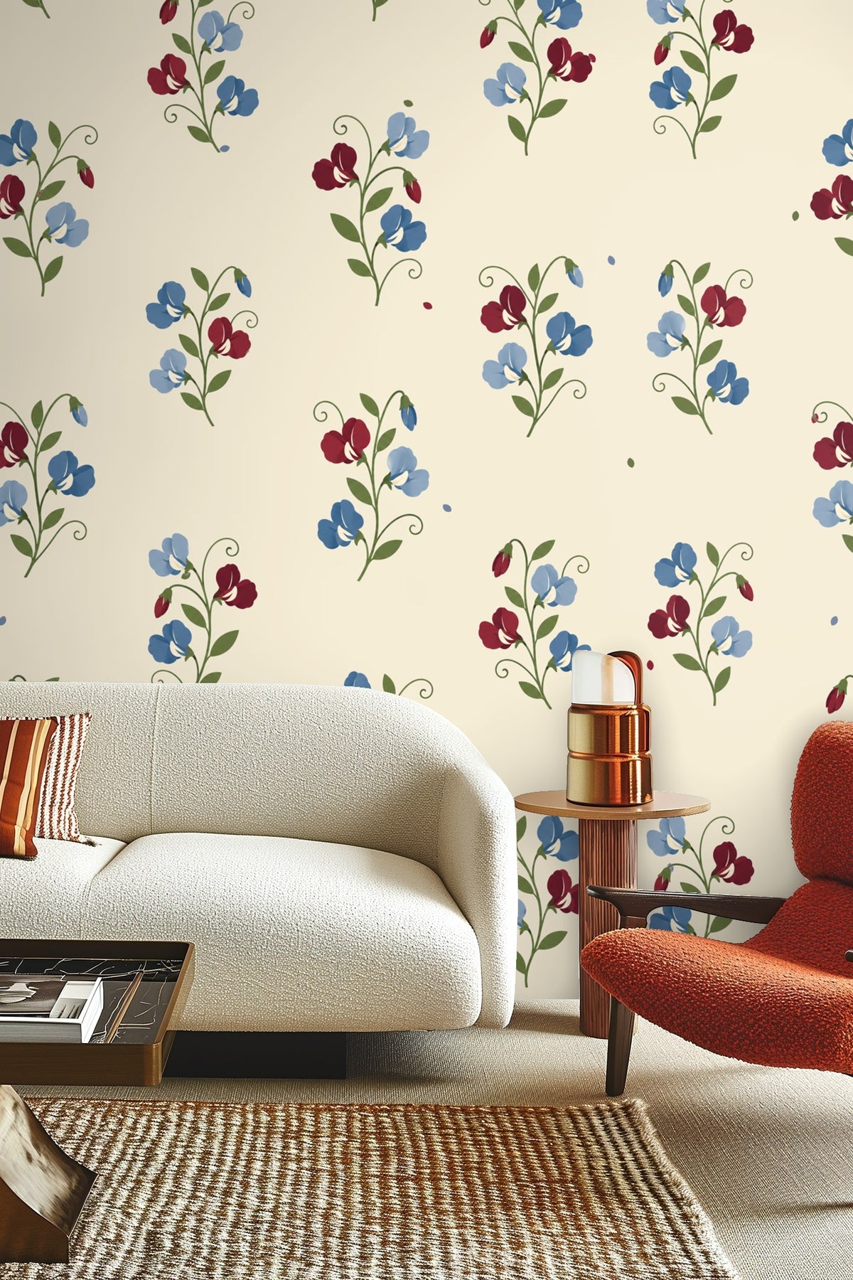 Close-up of Sweetpea Reverie wallpaper illustrating subtle floral pattern with curling green leaves.