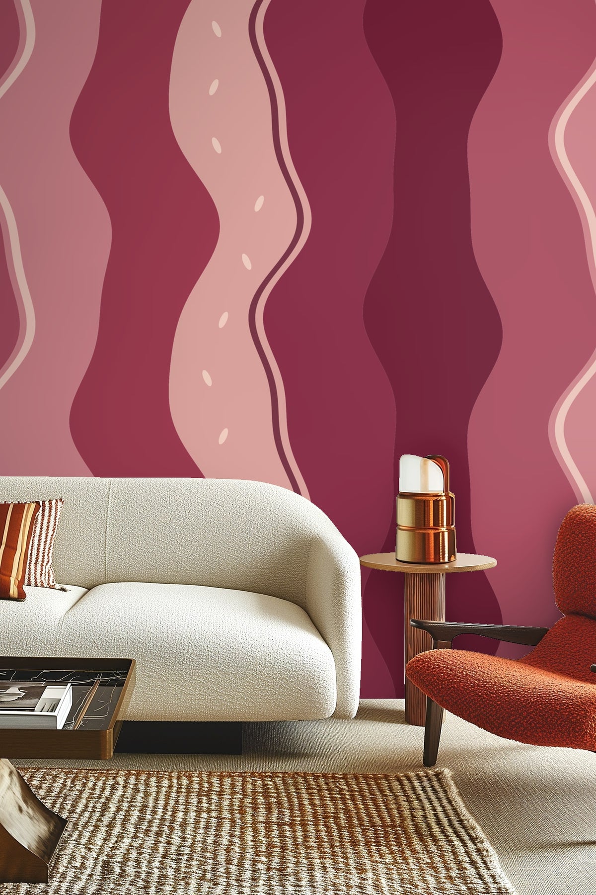 Living room corner showing Rubella Flux wallpaper pattern extending on two walls