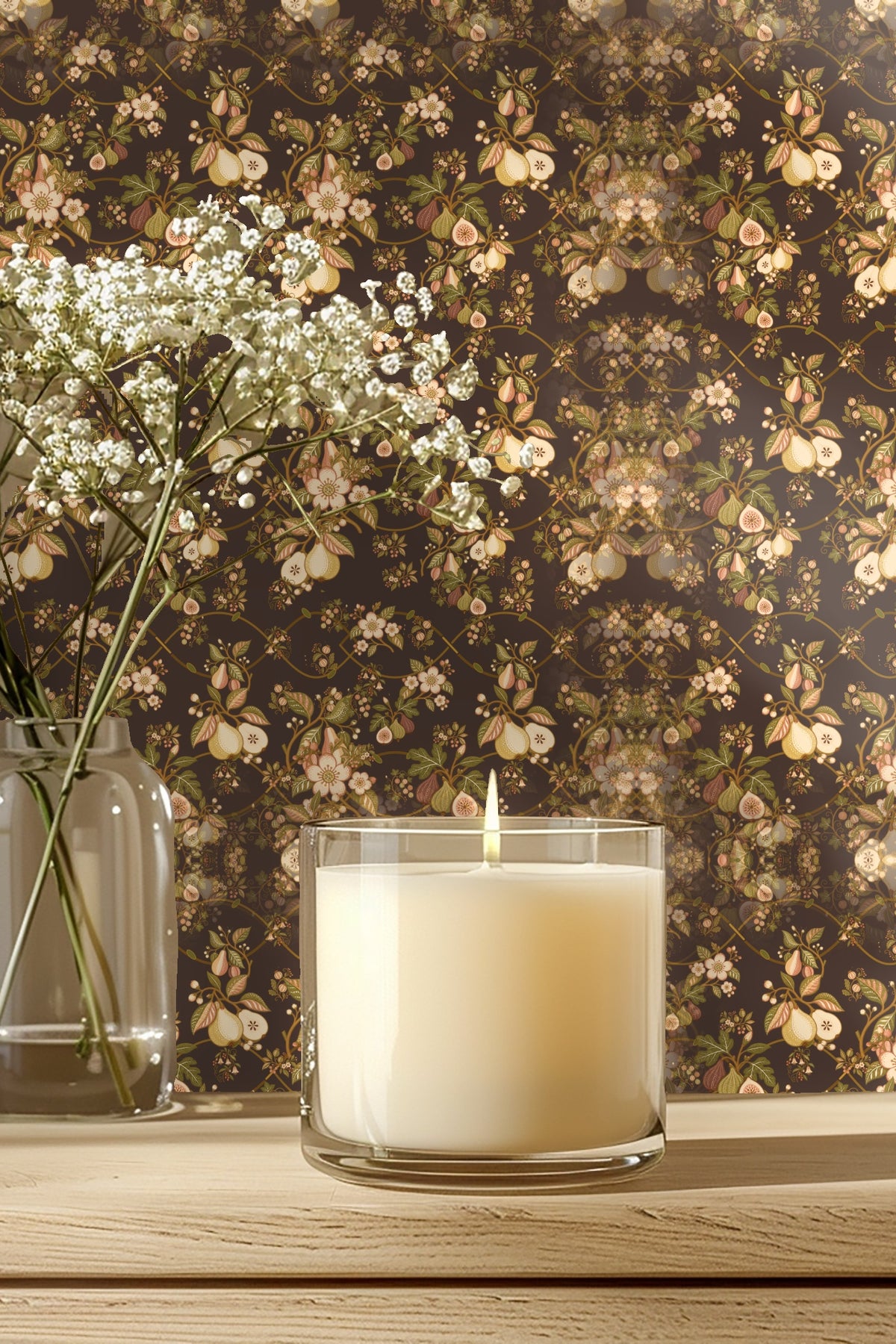 Veridian Orchard wallpaper full pattern view with pears, figs, and blossoms on deep brown background