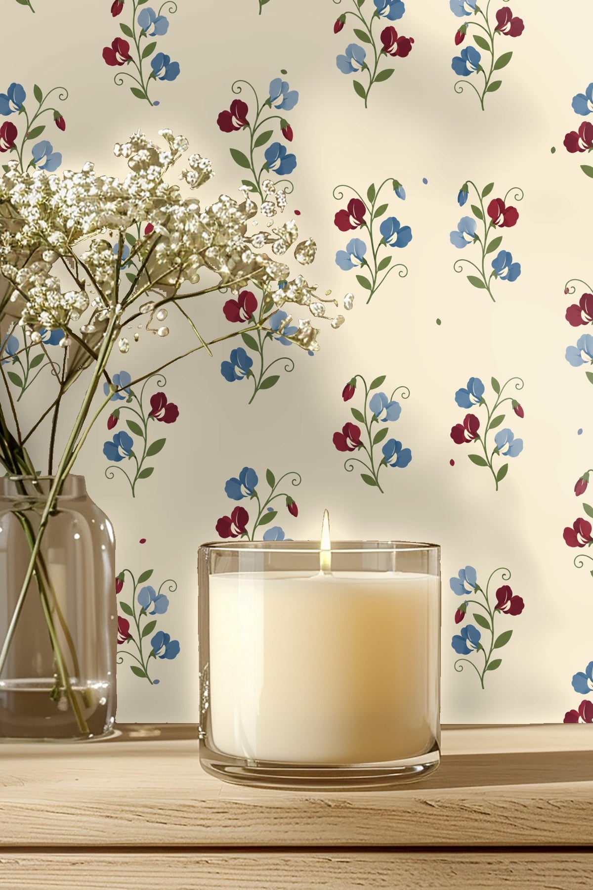 Nursery wall featuring Sweetpea Reverie wallpaper behind a light wooden baby crib.