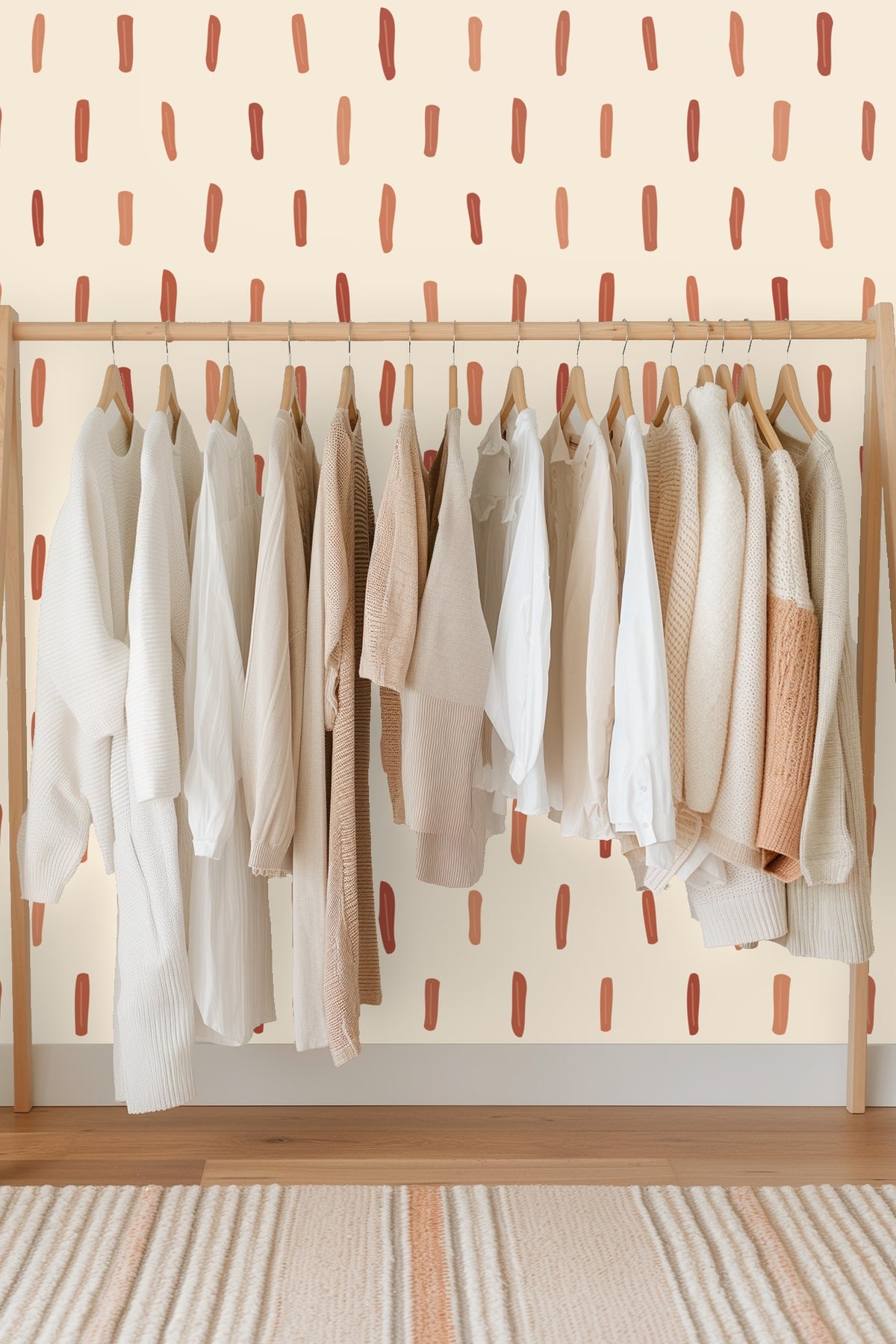 Pattern detail showing the hand-painted style vertical strokes in warm terracotta shades.
