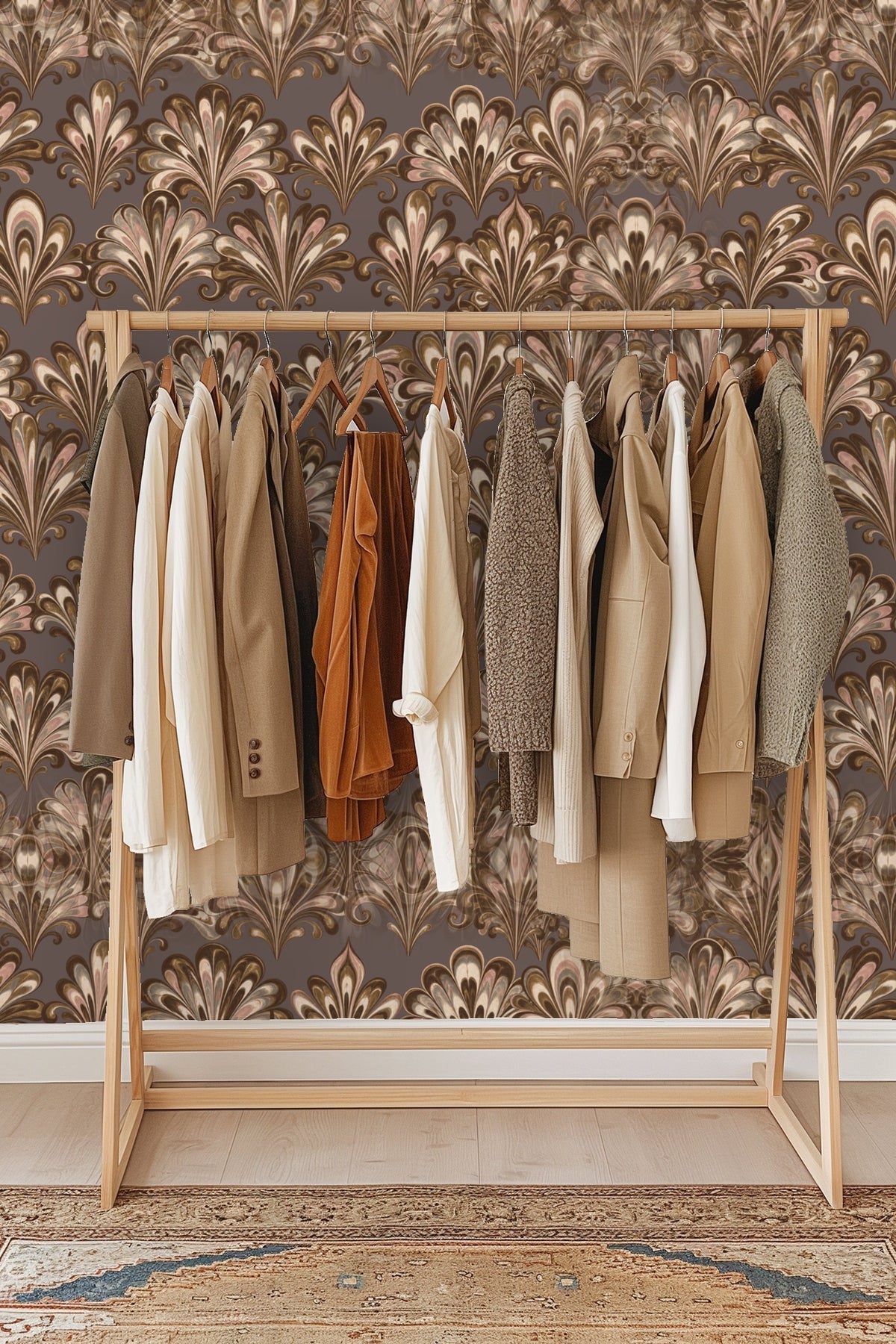 Partial view of wallpaper pattern integrated in a space with warm-toned furnishings.