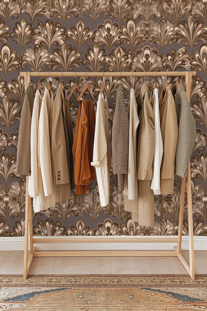 Partial view of wallpaper pattern integrated in a space with warm-toned furnishings.