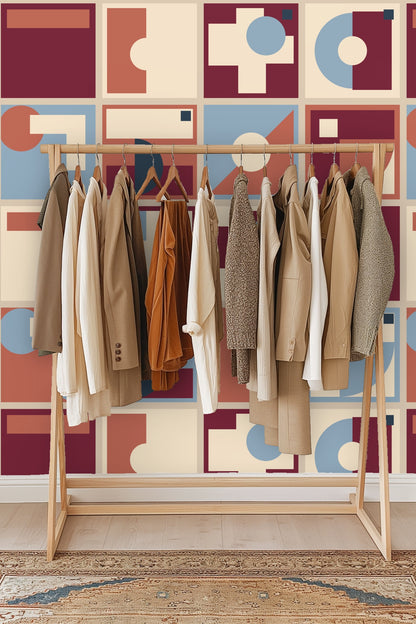 Interior view showing the wallpaper extending across multiple walls to create a striking modernist backdrop.
