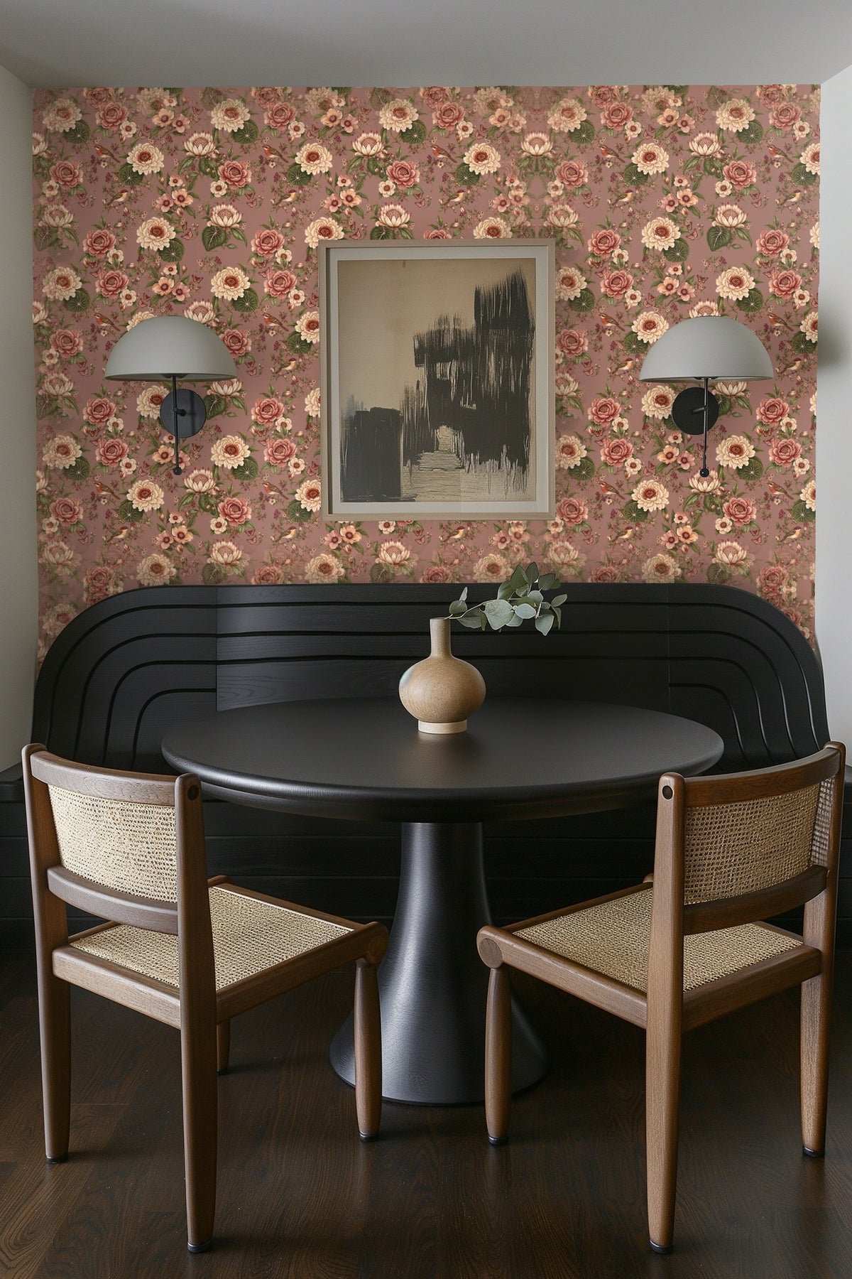 Floral wallpaper detail framed by clean white molding in a living room setting.