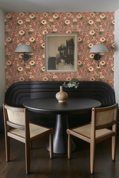Floral wallpaper detail framed by clean white molding in a living room setting.