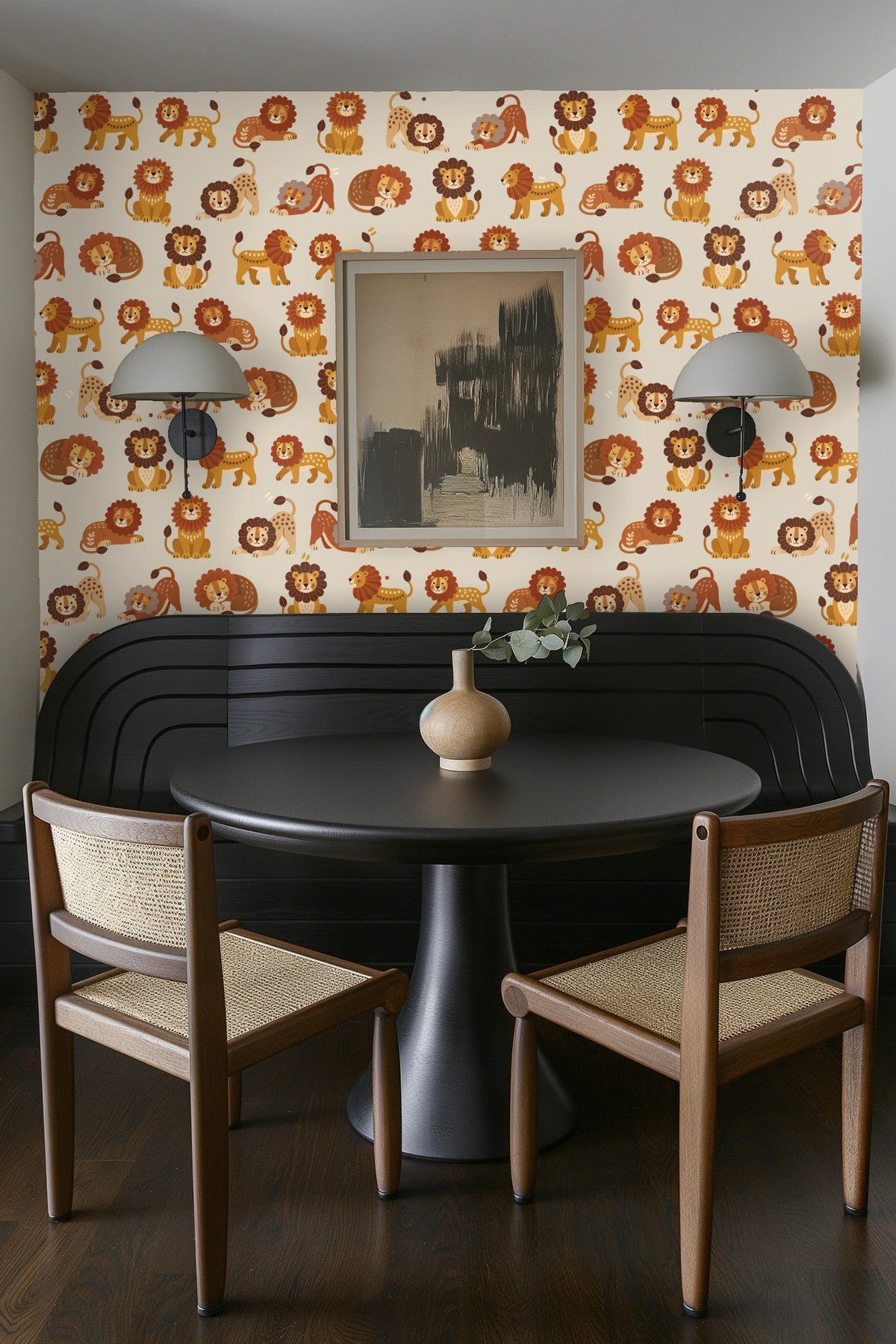 Children's room wall with playful lions in honey and brown tones creating a gentle energetic atmosphere