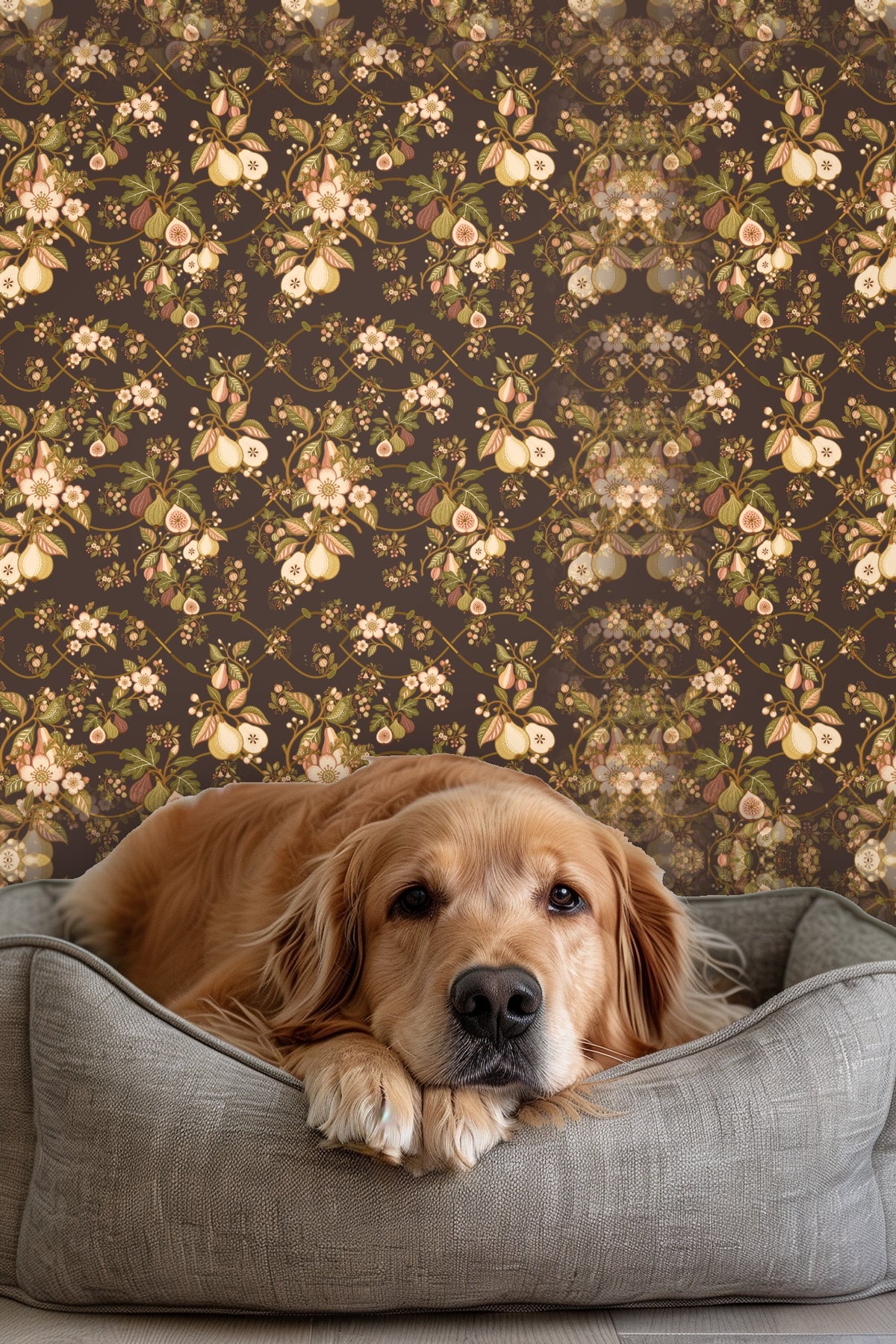 Styled vignette of Veridian Orchard wallpaper with an accent chair and small table