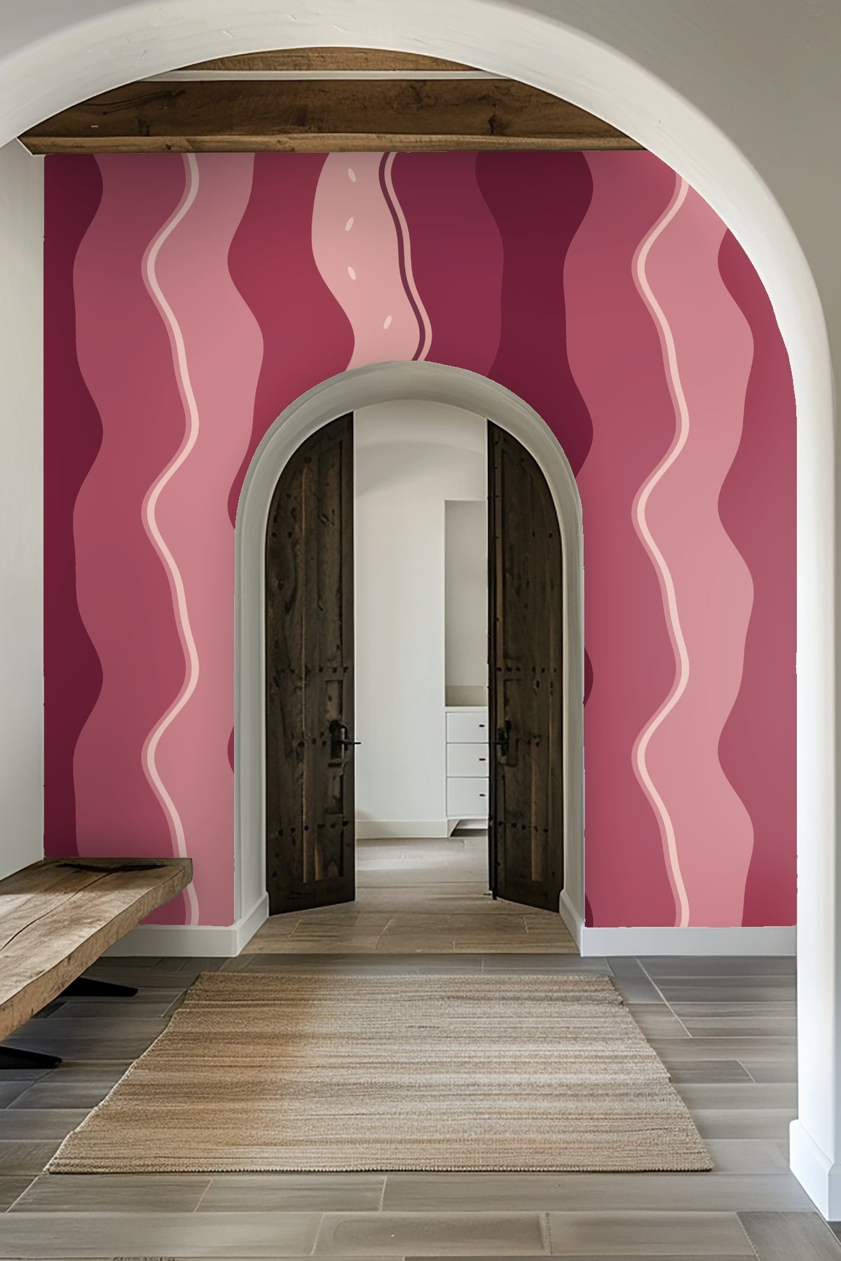 Section of wall covered in Rubella Flux wallpaper showing balanced color transitions