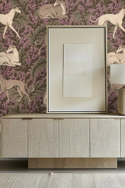 Close-up view of Heather Hounds wallpaper artwork featuring detailed greyhounds among fern leaves and violet flowers