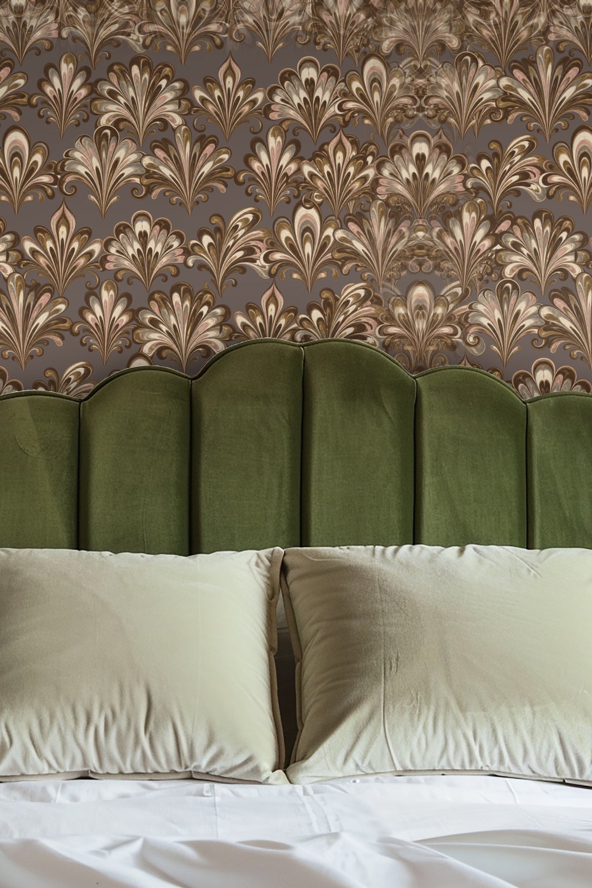 Side angle of a room wall covered with Marbled Echelon wallpaper illustrating pattern repetition.